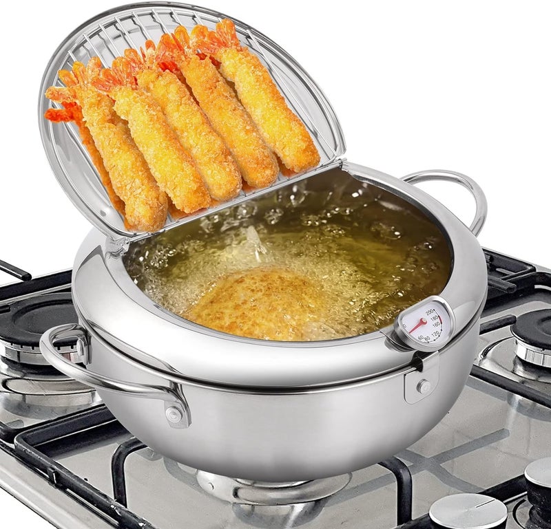 Oxydrily Deep Fryer Pot, Japanese Tempura Deep Fryer Stainless Steel Frying Pot With Thermometer - Image 1